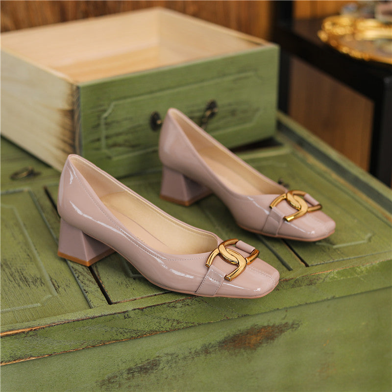 Women's Chunky French Retro Two-way Patent Metal