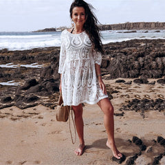 Lace Embroidered Beach Cover-up Seaside Sun Protection Halter Bikini Blouse