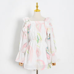 Chiffon Floral Printing Dyeing High Waist Casual Square Neck Cinched Ruffled Flared Sleeve Jumpsuit