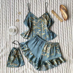 Imitated Silk Pajamas Two-Piece Printed Shorts Home Wear Suit Sling Dress