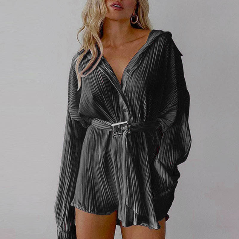 Fashionable Pleated Long Sleeved Shirt Belt Dress