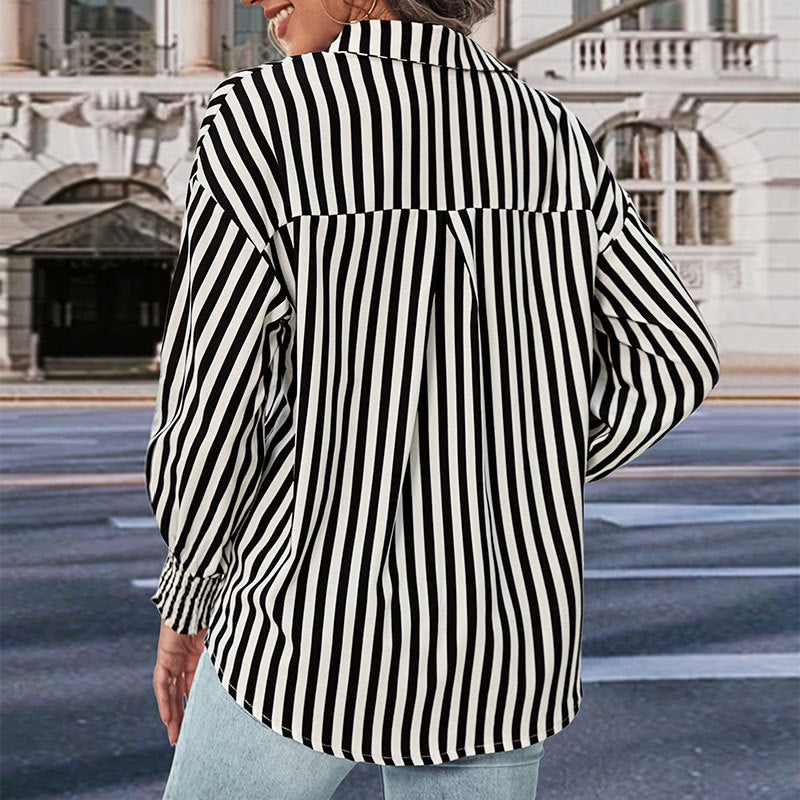 Top Long Sleeve Black White Striped Shirt