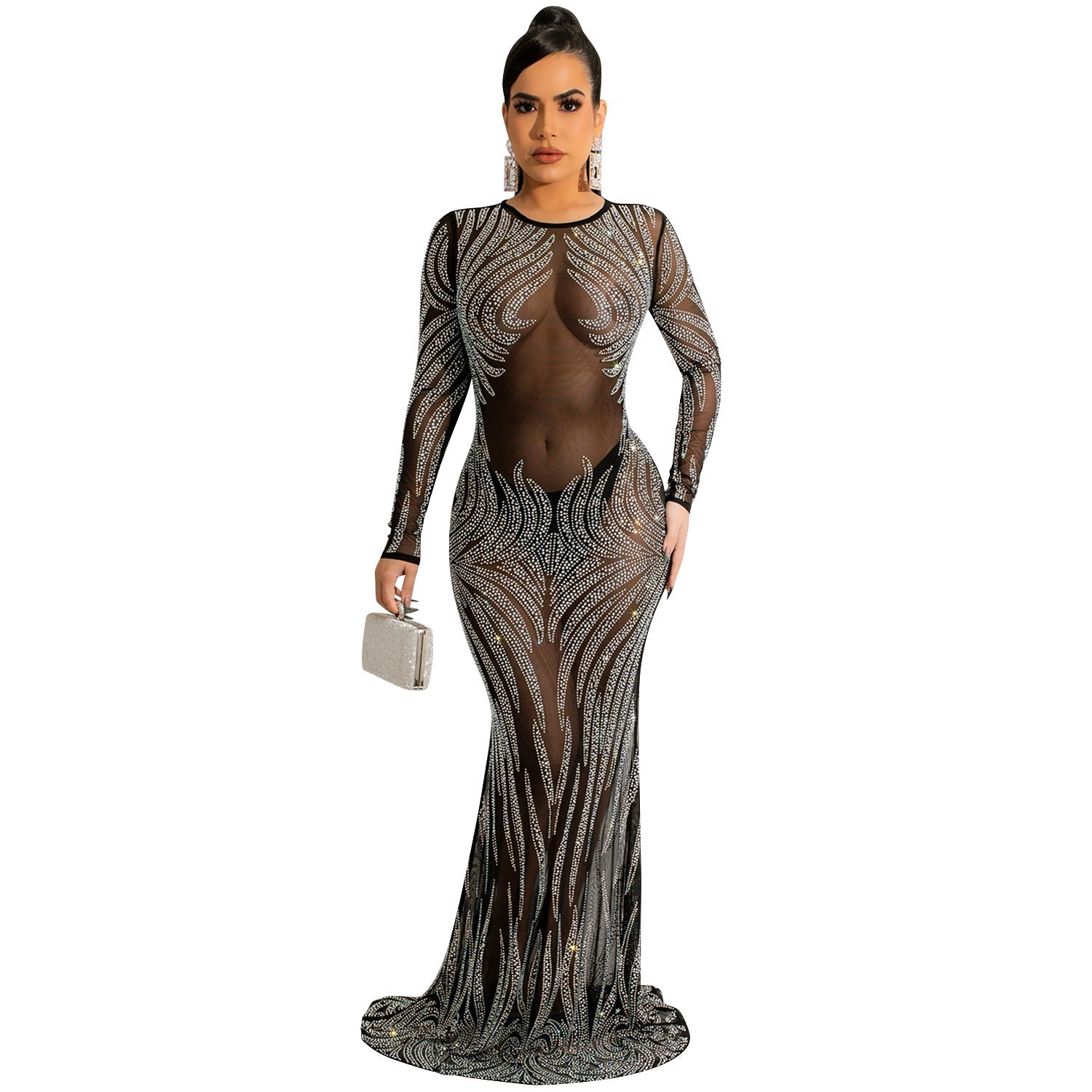 Night Club Rhinestone Mesh See through Long Sleeve Dress Dress