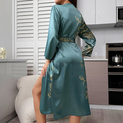 Ice Silk Pajamas Hotel Bathroom Lace Bathrobe Breathable Thin Cherry Print Long Sleeve Nightgown