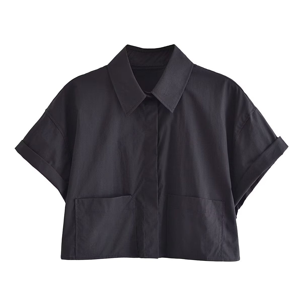 Collared Curling Short Sleeve Poplin Short Shirt
