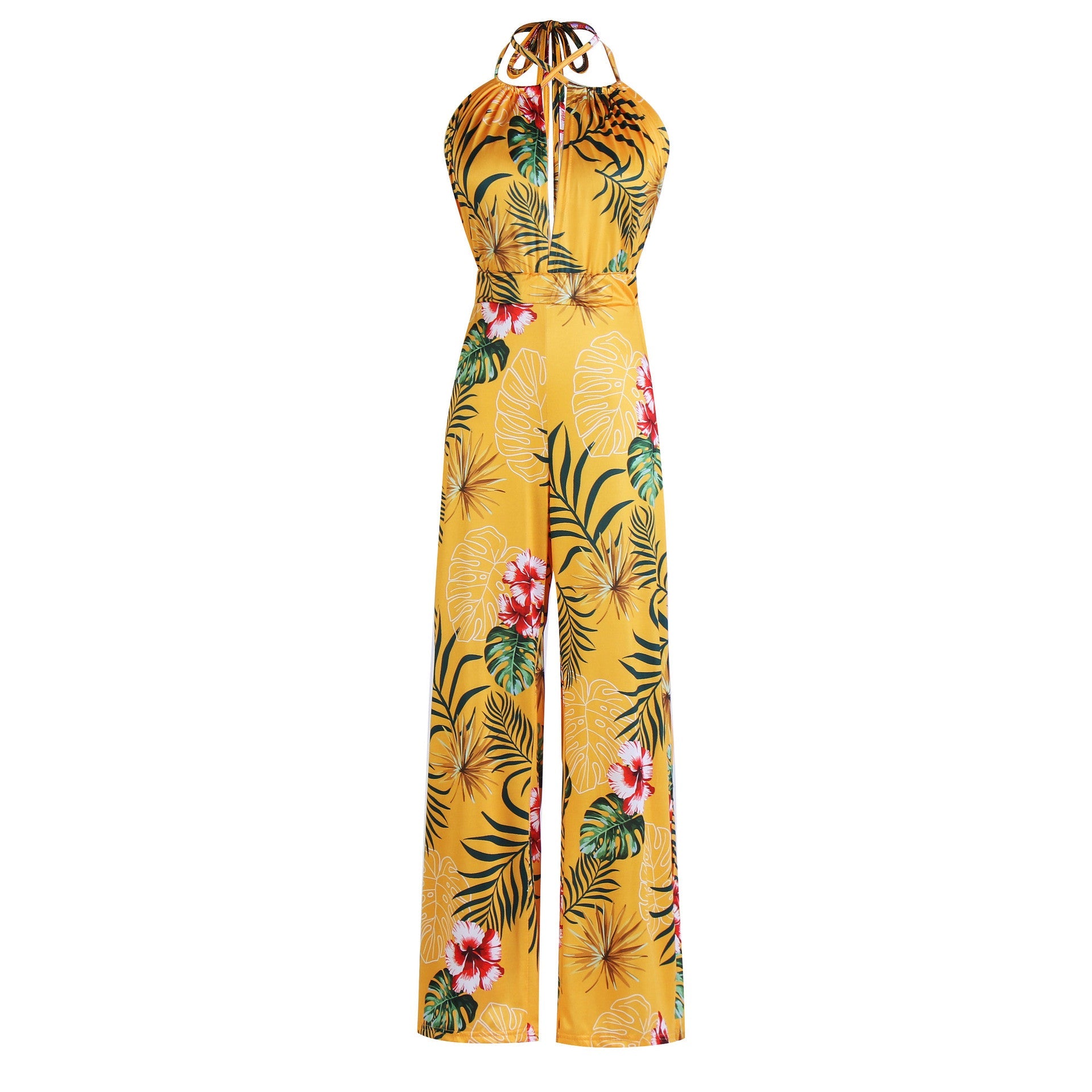 Printed Backless Jumpsuit Split Straight Pants Wide Leg Pants
