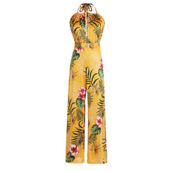 Printed Backless Jumpsuit Split Straight Pants Wide Leg Pants
