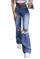 Pantalon en jean taille haute rétro extensible, slim, déchiré au genou, à pattes d'éléphant