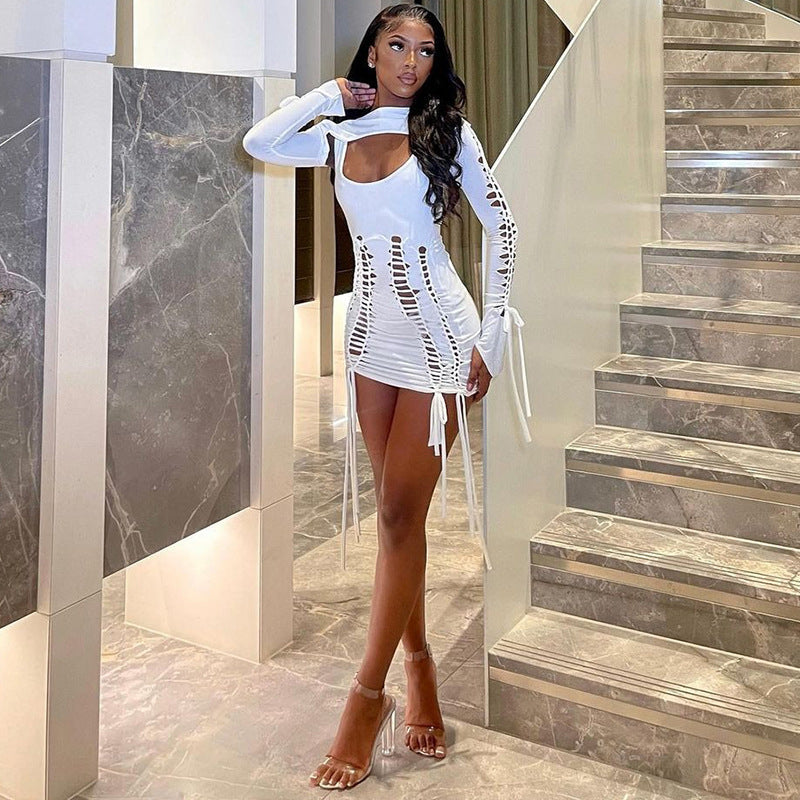 Backless Hollow Out Cutout Dress Long Sleeve Shawl Set