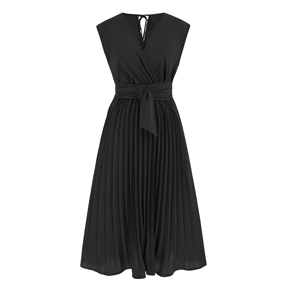 Sleeveless V neck Lace up Dress Slim Fit Pleated Mid Length Dress Popular