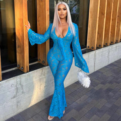 Lace Mesh Hollow Out Cutout Tight Flying Sleeves Trousers Jumpsuit