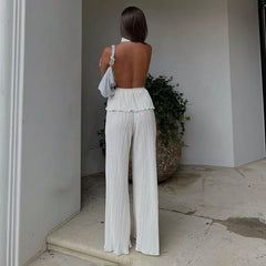 Halter Backless Sleeveless Vest White Pleated High Waist Wide Leg Pants Suit textured