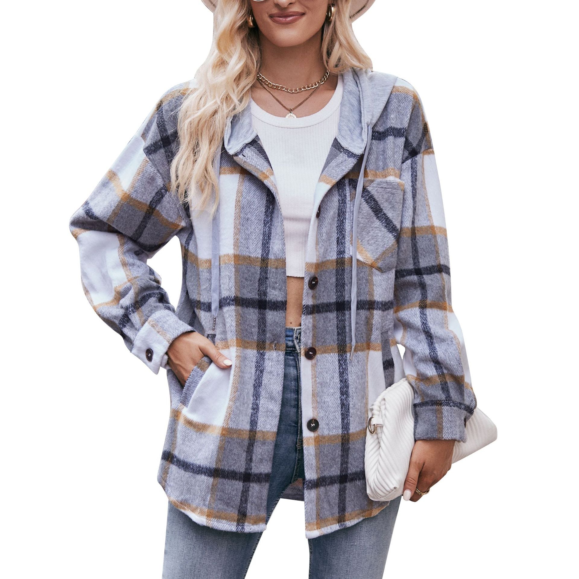 Hooded Jacket Casual Mid Length Plaid Shirt