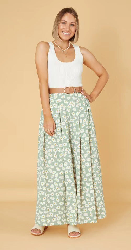 Office Green No Belt Loose Little Daisy Cotton Trousers Mid Waist Wide Leg Pants