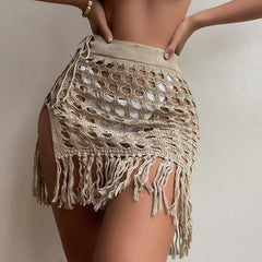 Vacation Sheer Cutout Knitted Dress Split Tassel Beach Skirt