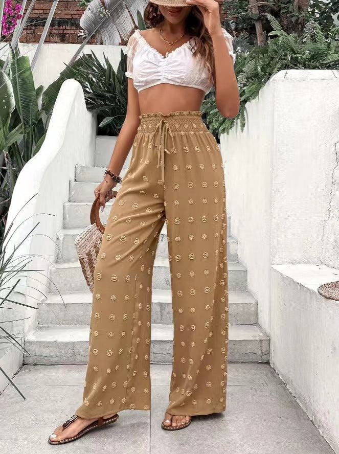 Pantalon décontracté en jacquard à taille haute, coupe ample et élastique, coupe ample, jambes larges