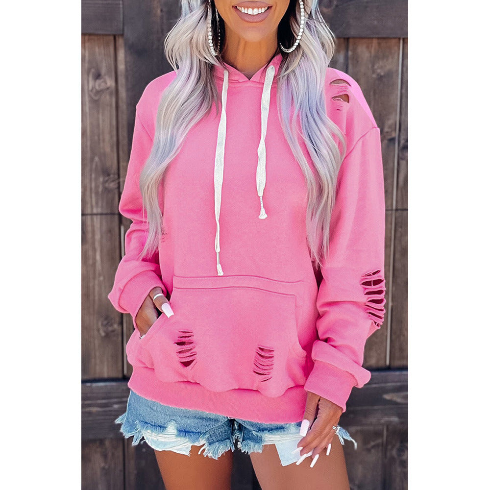 Pink Long Sleeve Hooded Casual All Match Pocket Bottoming Shirt