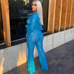 Lace Mesh Hollow Out Cutout Tight Flying Sleeves Trousers Jumpsuit