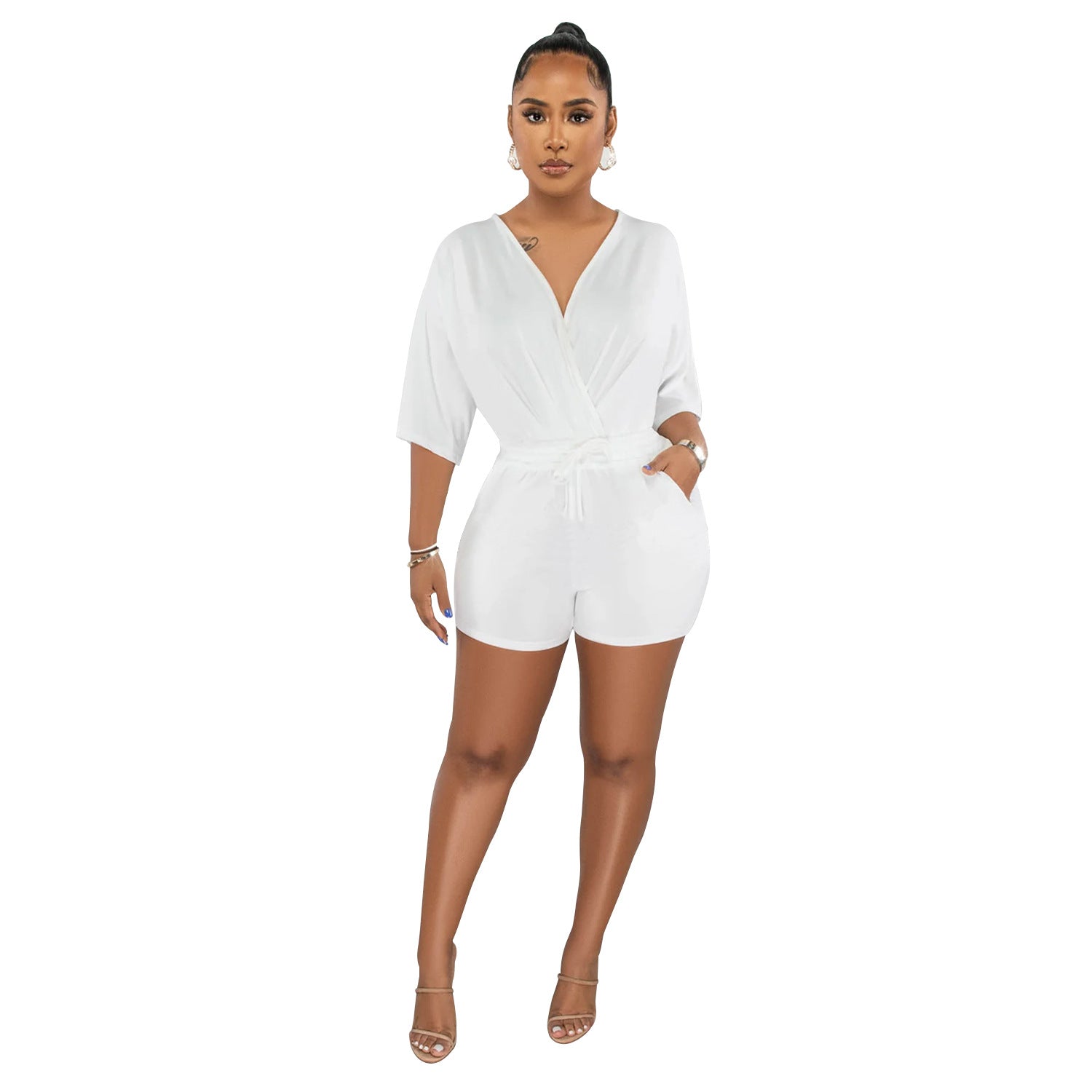 Wear Solid Color Tied V Neck Half Sleeves Shorts Jumpsuit