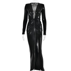 Dress Glossy V neck Long Sleeve Stitching Ruffle Hip Leather Dress