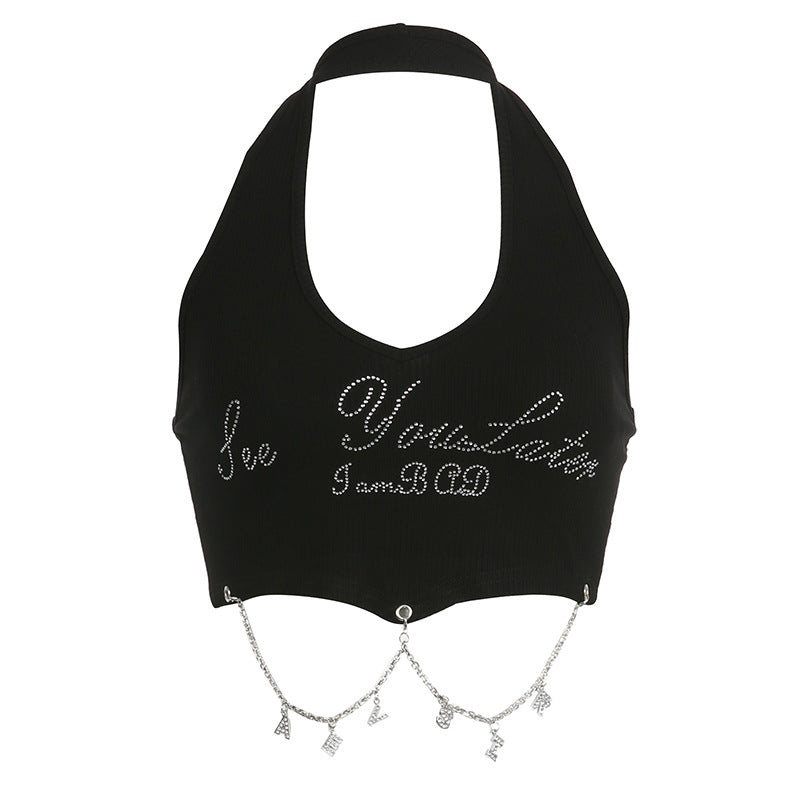 Trend Sweet Cool Letter Graphic Rhinestone Metal Chain Decoration Wind Cropped Halterneck Vest