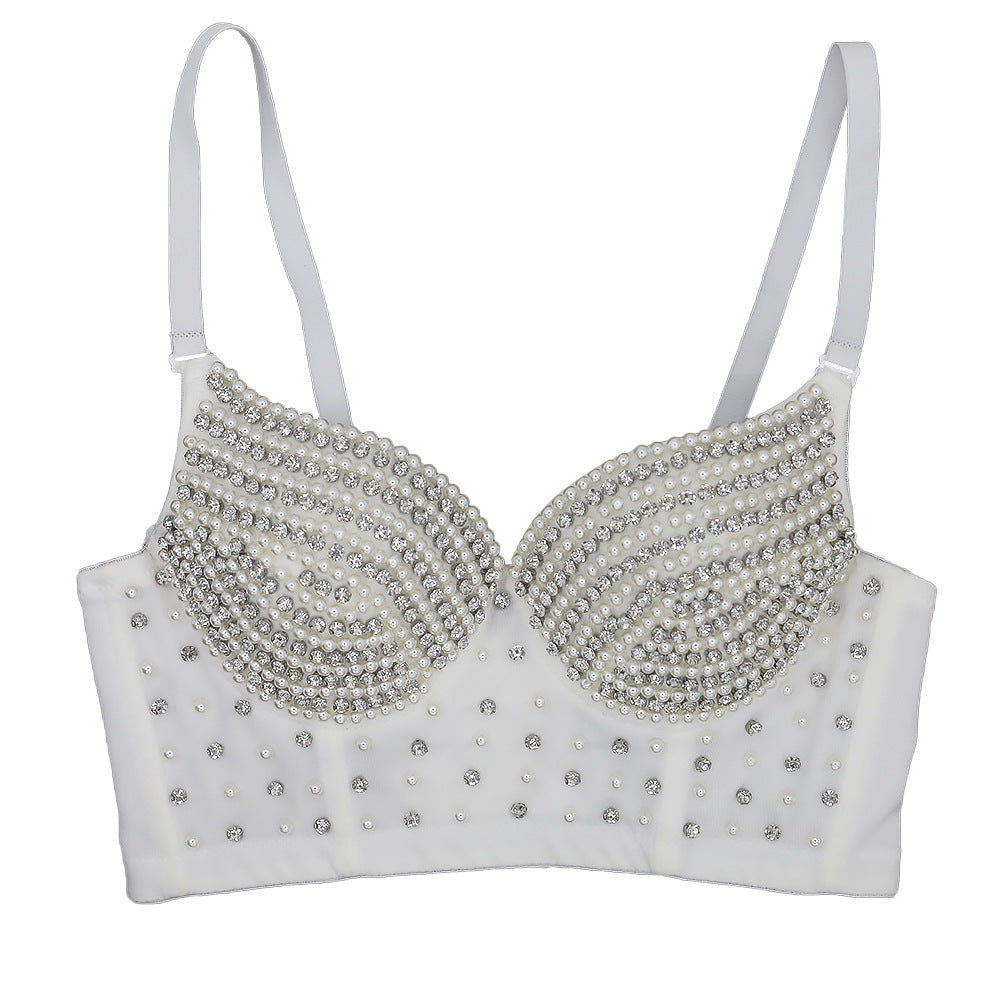 Diamant-BH-Camisole, kurz, gebraten, für die Straße, Nachtclub, Tube-Top mit Perlenbesatz, umwickelte Brust