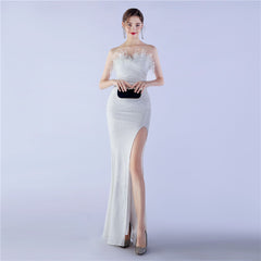 Ostrich Feather Shrink Folding Wrinkle Craft Host Dinner High End Evening Dress