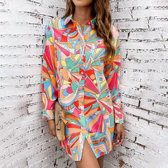 Abstract Colorful Geometric Abstract Printed Shirt Dress Contrast Color Long Sleeves Single Breasted Dress