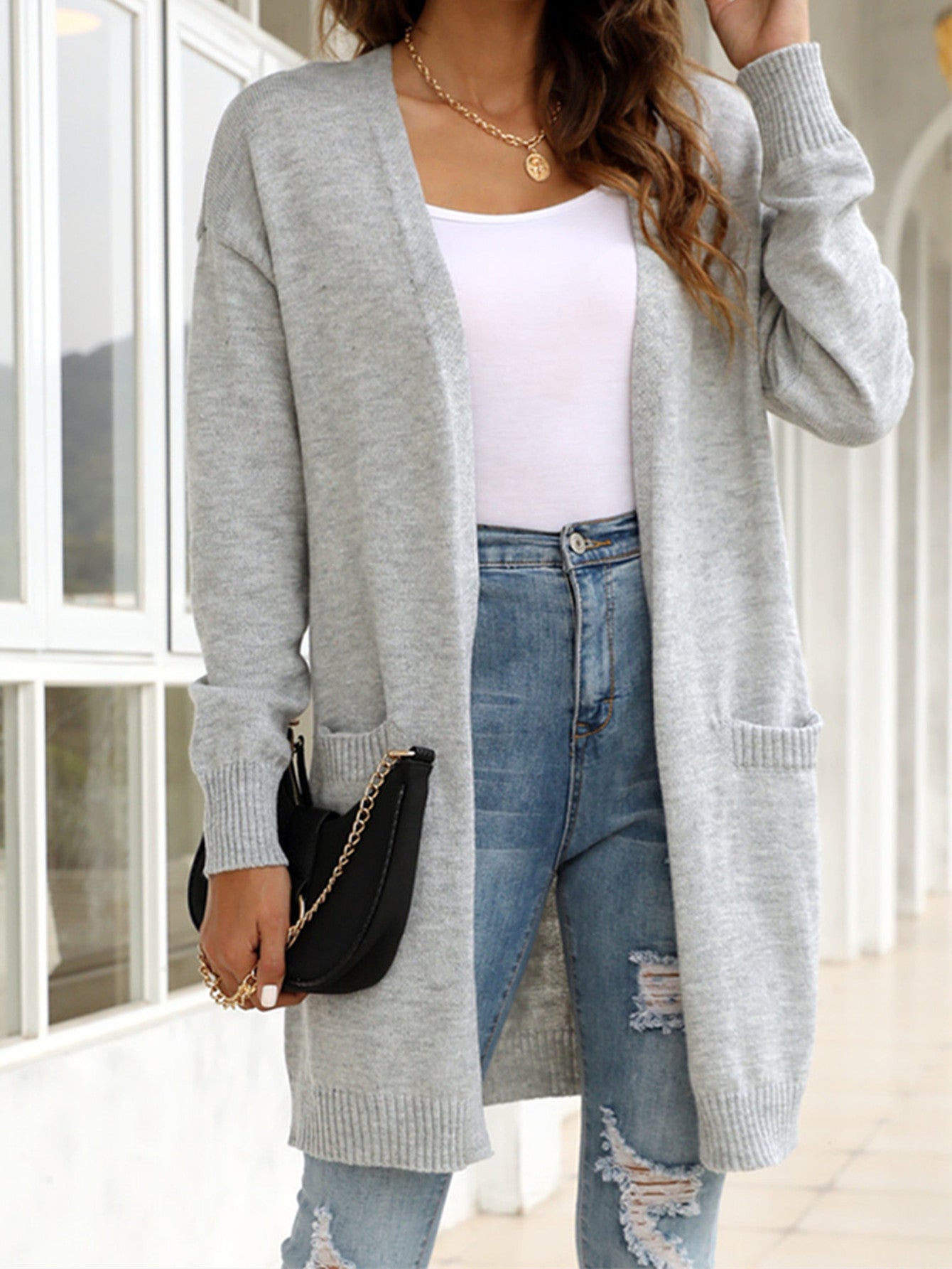 Simple Mid Length Pocket Cardigan Sweater Coat