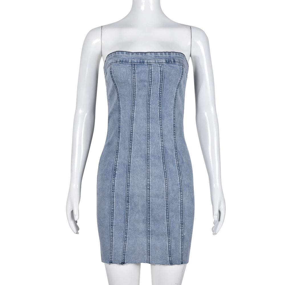 Robe portefeuille en jean dos nu délavée