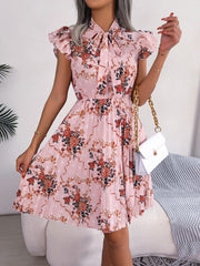 Dignified Floral Lace up Waist Controlled Large Hem Pleated Dress