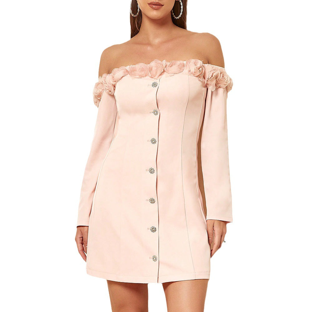 Dress Feather Stitching off Shoulder Long Sleeve Narrow Dress