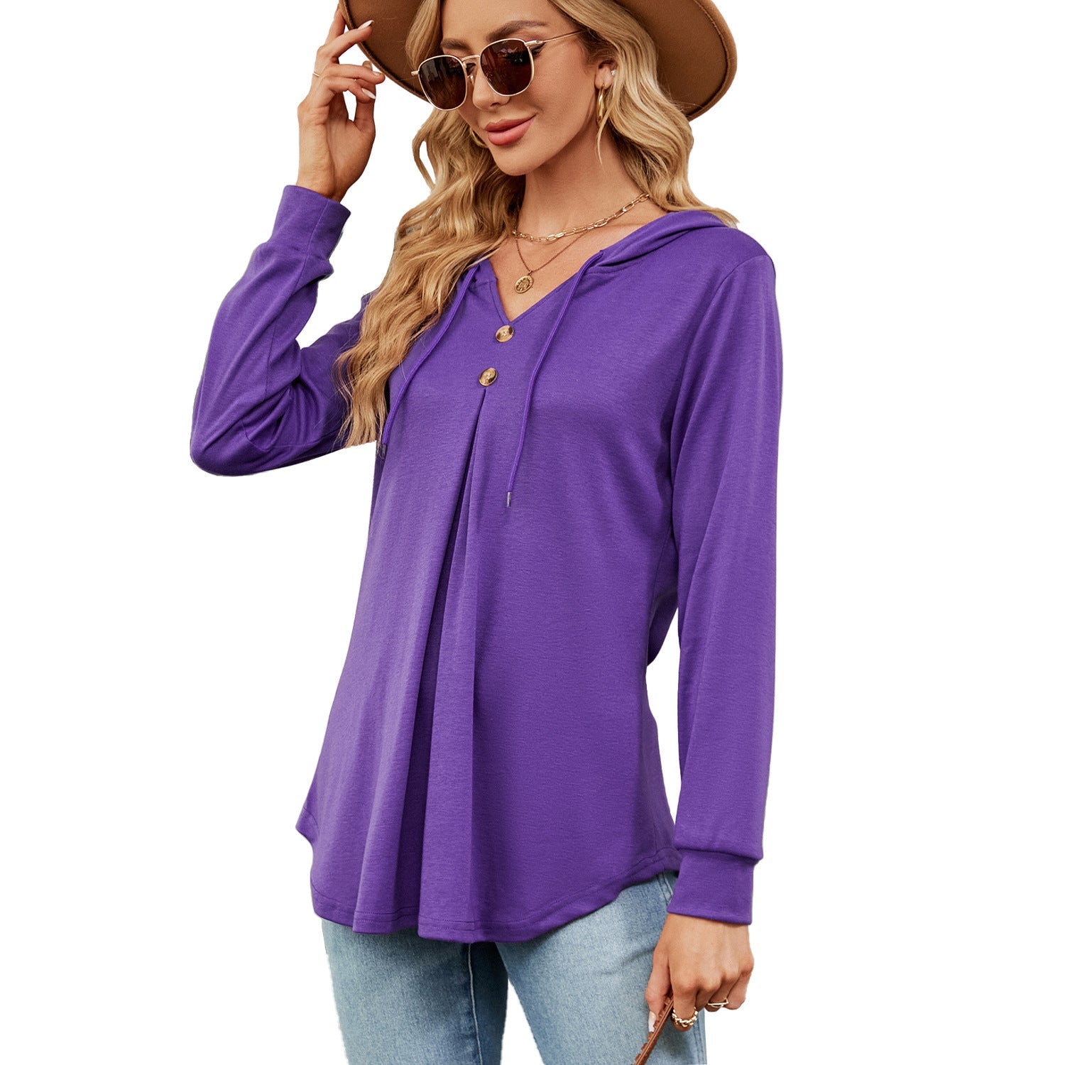 Solid Color V neck Button Hooded Loose Long Sleeves Sweater