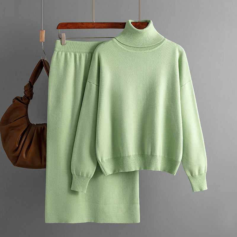 Solid Color Turtleneck Sweater Sheath Skirt Two Piece Set Knitting Suit