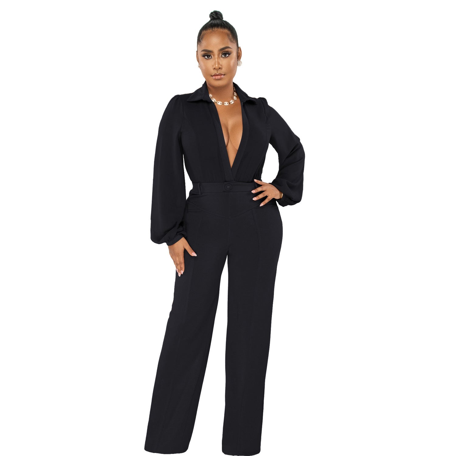 Jumpsuit V neck Long Sleeve Tight Blouse Trousers Winter