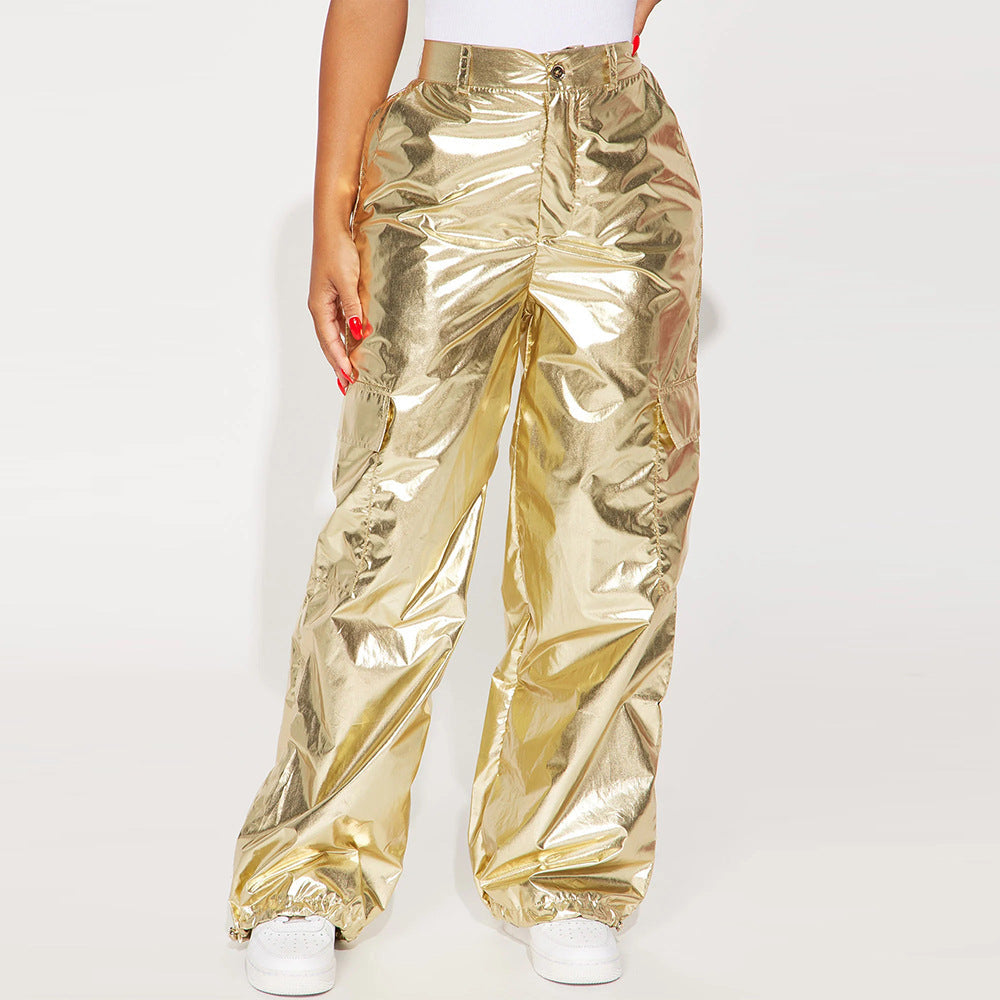 Glossy Trousers Christmas Bright Color Stretch Leather Zipper Ankle Banded Slacks