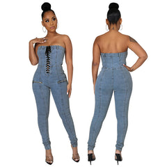 Sleeveless off Shoulder Corset Denim Jumpsuit