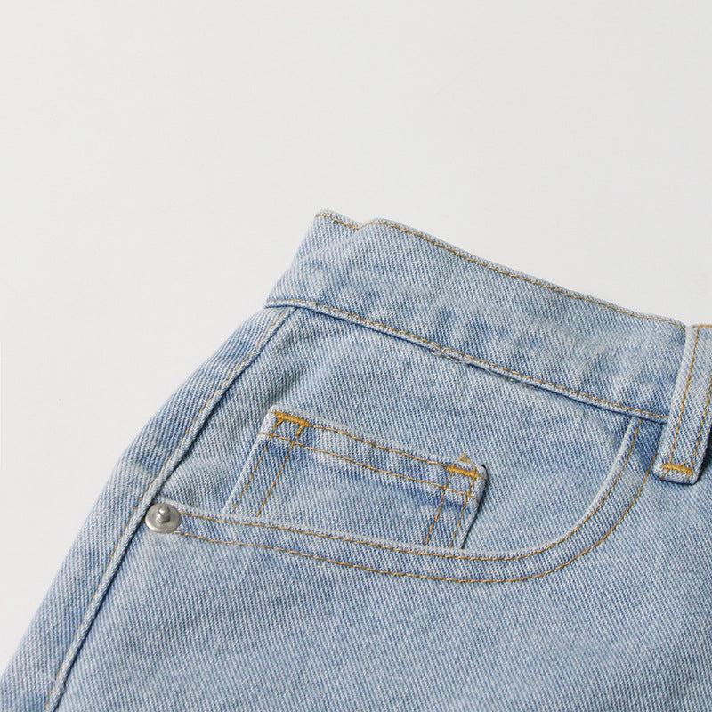 Pantalon taille haute en jean à jambes larges, pantalon droit à découpes et à perles en diamant