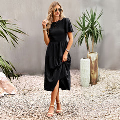 Waist Tight Slimming Large Hem Dress round Neck Smocking Vacation Dress