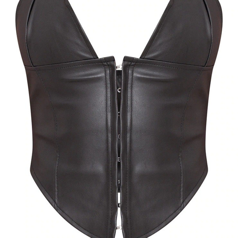 Top Leather Personalized Halter Hooks Short Strap Backless Tube Top Short Leather Coat