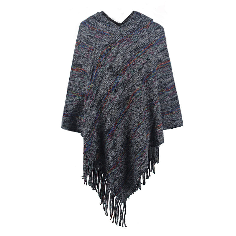 Gestreifter Cape-Schal mit Kapuze und Quaste