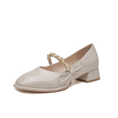Damen Square Toe Chunky Granny Mid Bow Flach