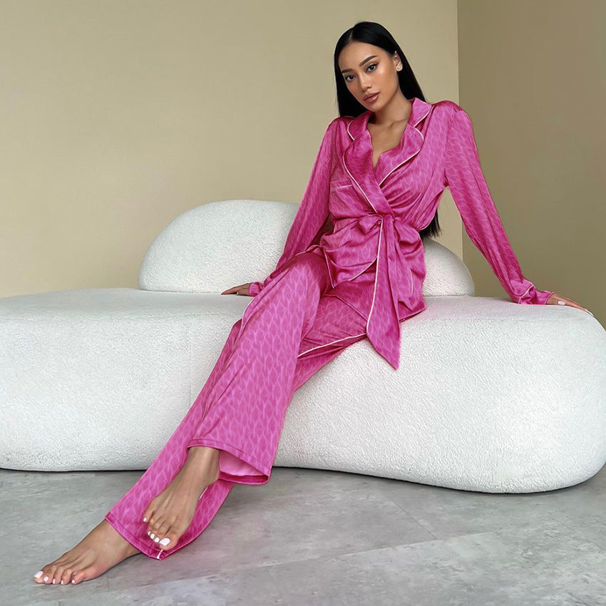 Loose Cardigan Printed Long Sleeve Two Piece Pajamas Satin Casual Comfortable Homewear