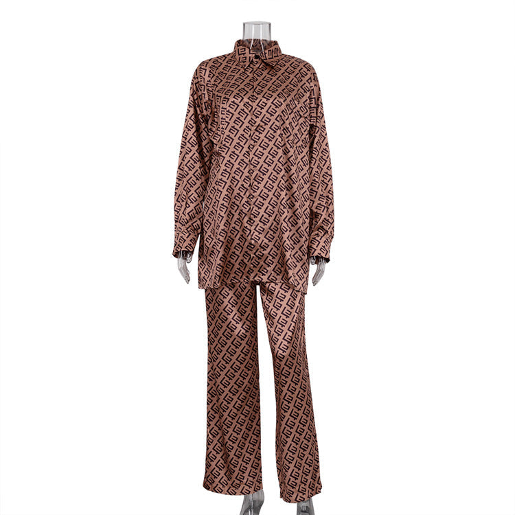 Casual Satin Draping Collared Long Sleeve Printing Suit Two Piece Suit