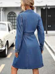 Retro Waist Controlled Slimming Long Sleeve Denim Dress Belted Button