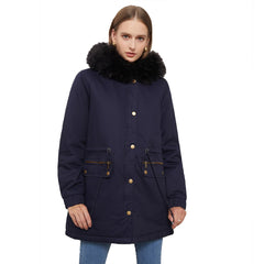 Parka Fleece Lined Coat with Fur Collar Hooded Warm Jacket Loose Cotton Coat Plus Size