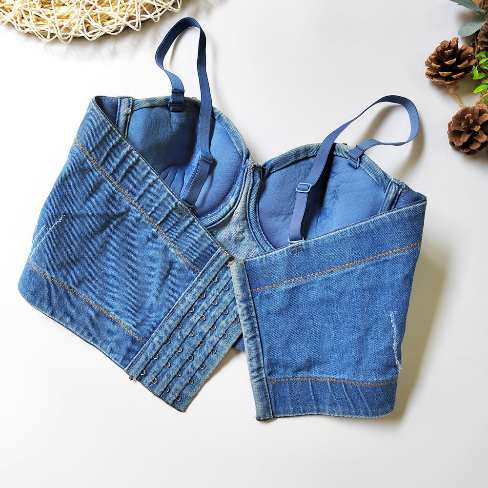 Denim-Camisole Beauty Back Cropped Free Unterwäsche Oberbekleidung Korsett-Oberteil mit Stäbchen All Match Nachtclub Disco Tube Top