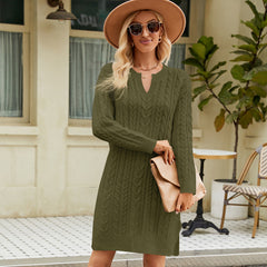 Verdrehtes mittellanges Strickkleid, einfarbig, geteilt, lockerer Pullover, Wollkleid