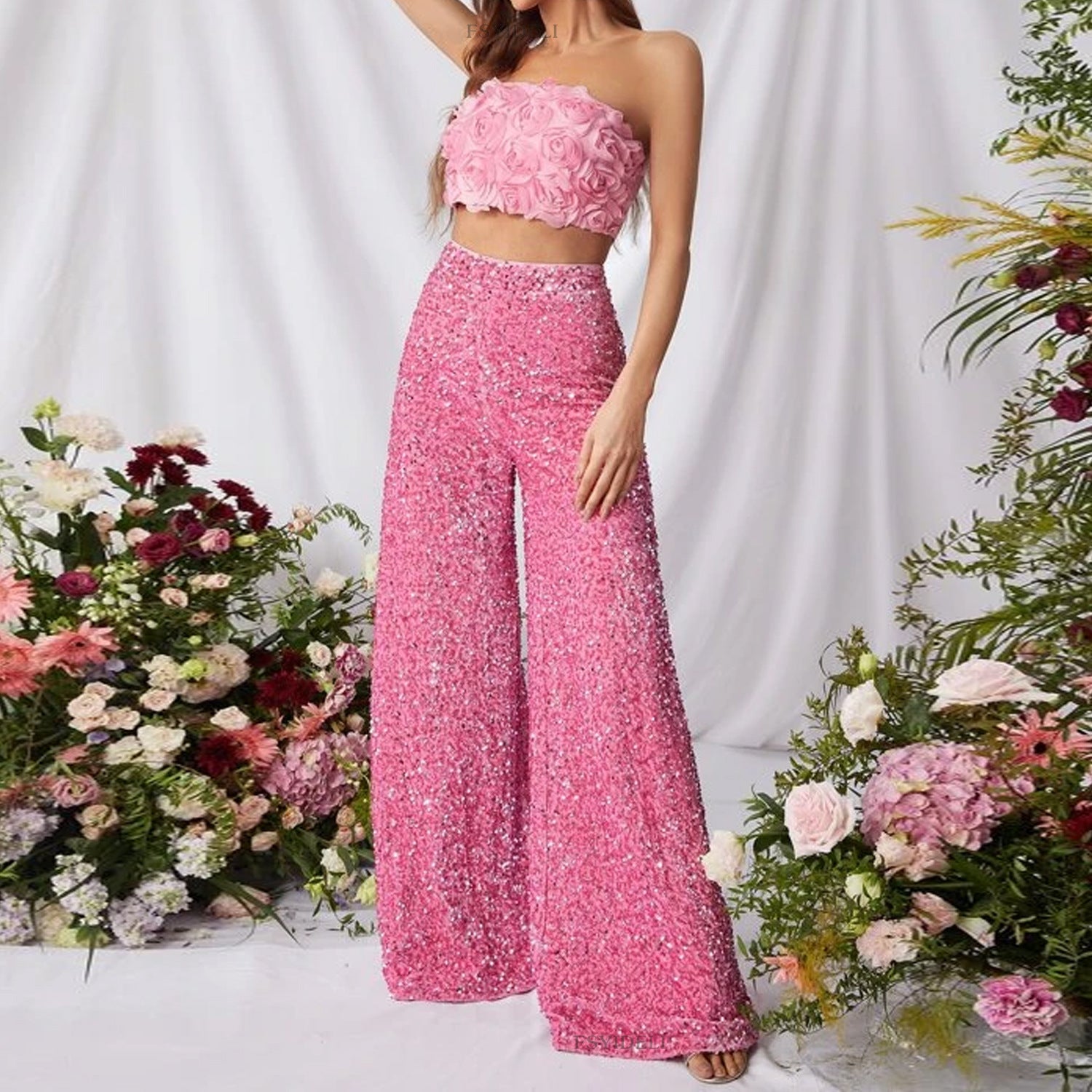 High Waist Slimming Trousers in Solid Color Sequ Casual Wide Leg Pants