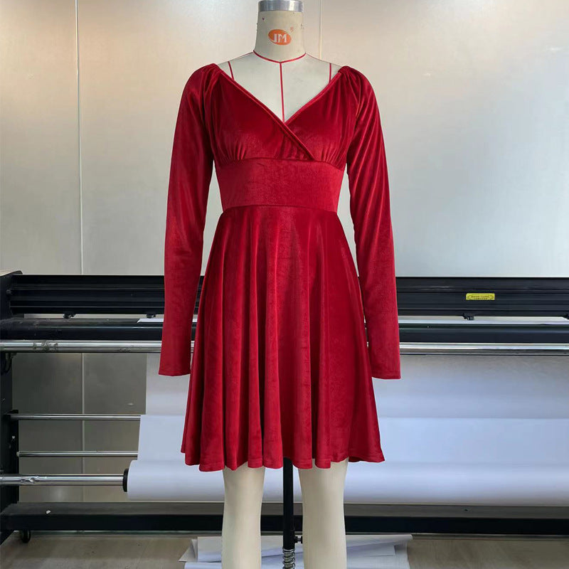 Christmas Dress V Neck Velvet Waist Trimming Holiday Dress